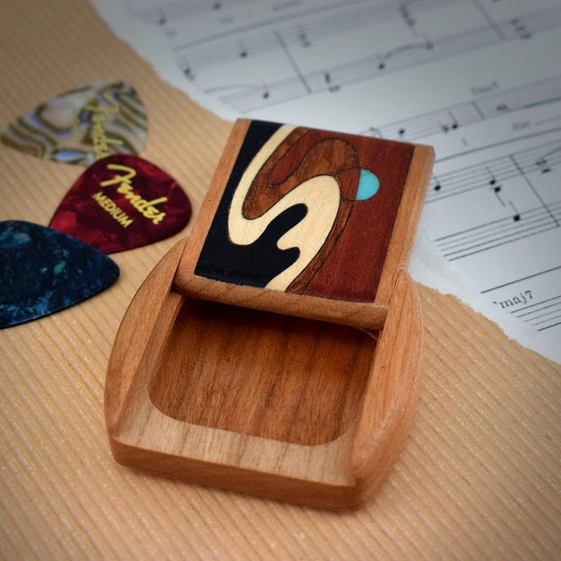 Modern Artisans Guitar Pick Caddy Box, American Made Cherry Wood with Wave Inlay with 3 Picks - Image 3